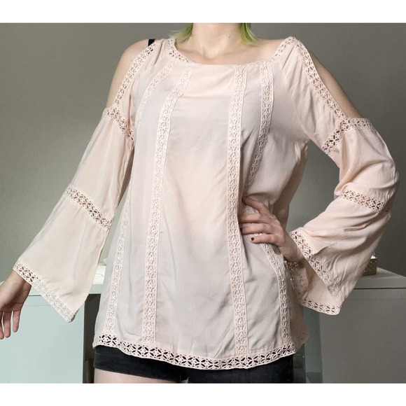 luna moon Tops - Luna Moon Top Medium Cold Shoulder Long Sleeve Crochet Pink Boho Beach Blouse